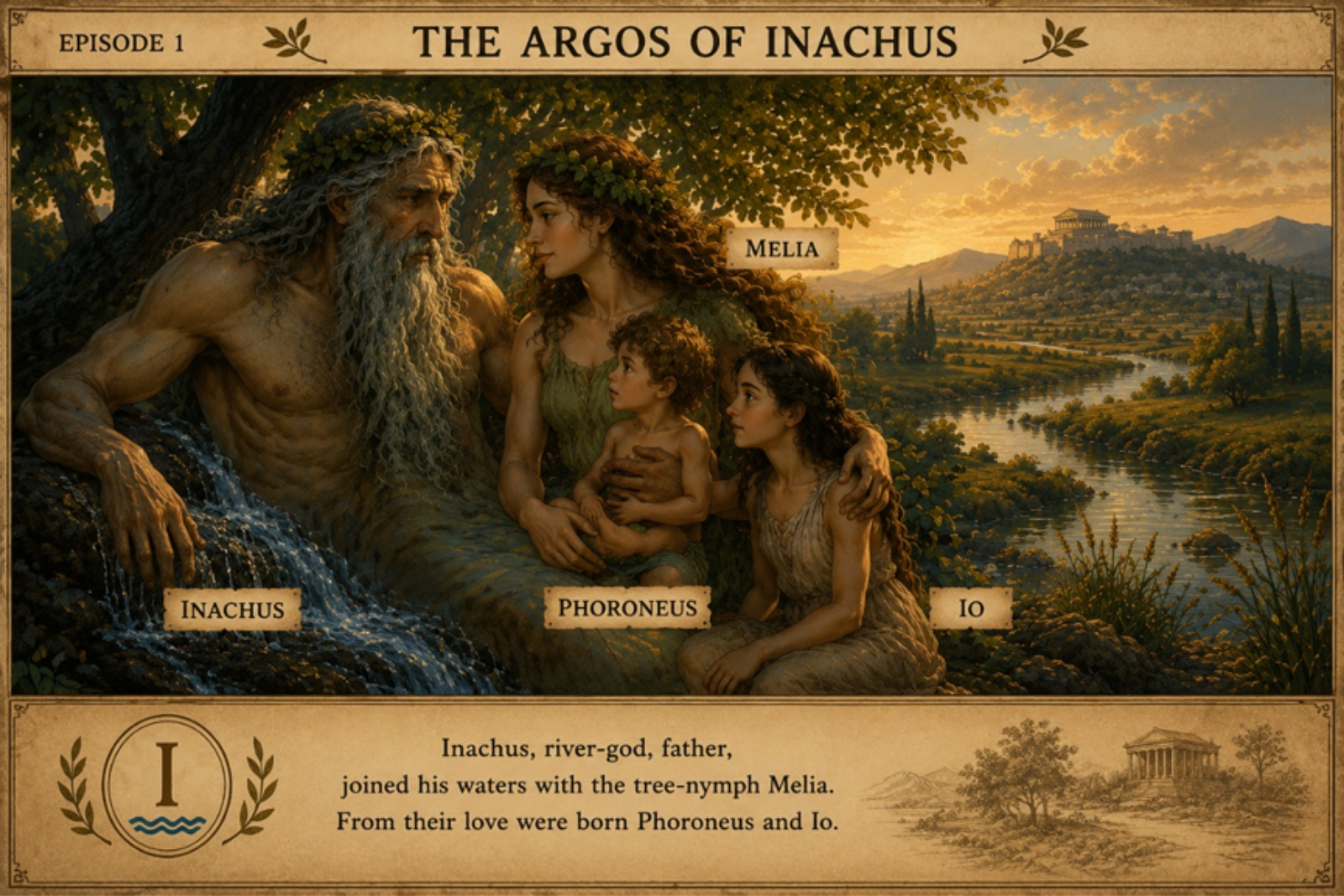 Inachus with Melia and their children, Phoroneus and Io, beside the river.