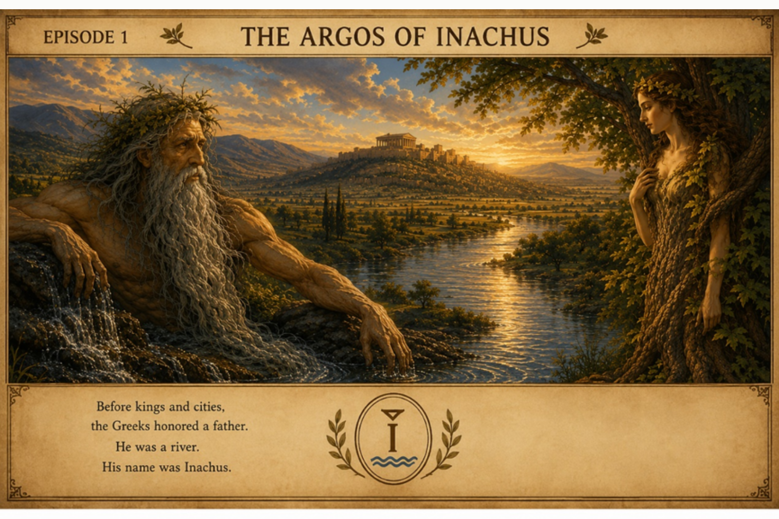 The river god Inachus and the nymph Melia in the Argive plain at sunset.