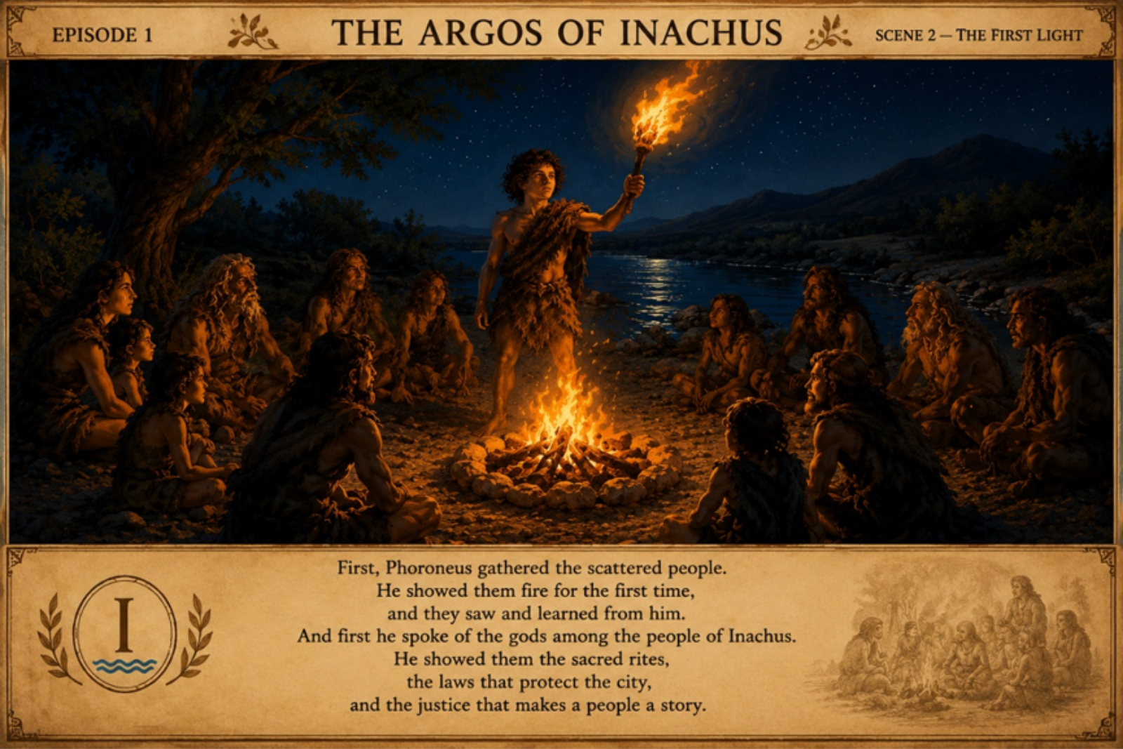 Phoroneus holds a burning torch while people gather around the first shared fire.