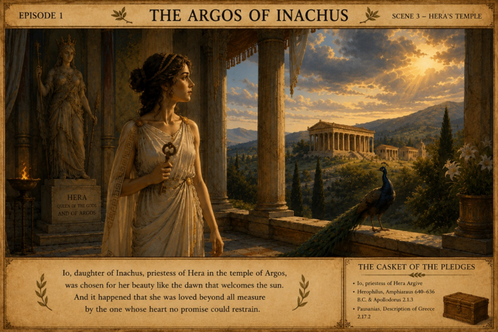 Young Io, priestess of Hera, holds a temple key at the Heraion of Argos, with a peacock on the ledge.