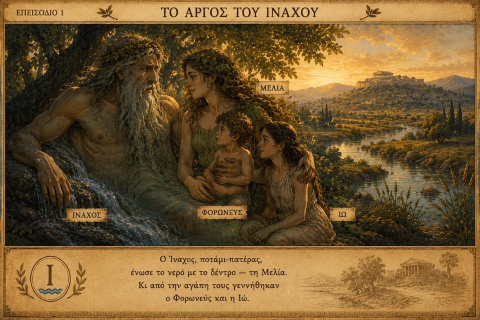 Ο Ίναχος με τη Μελία και τα παιδιά τους, τον Φορωνέα και την Ιώ, δίπλα στο ποτάμι.