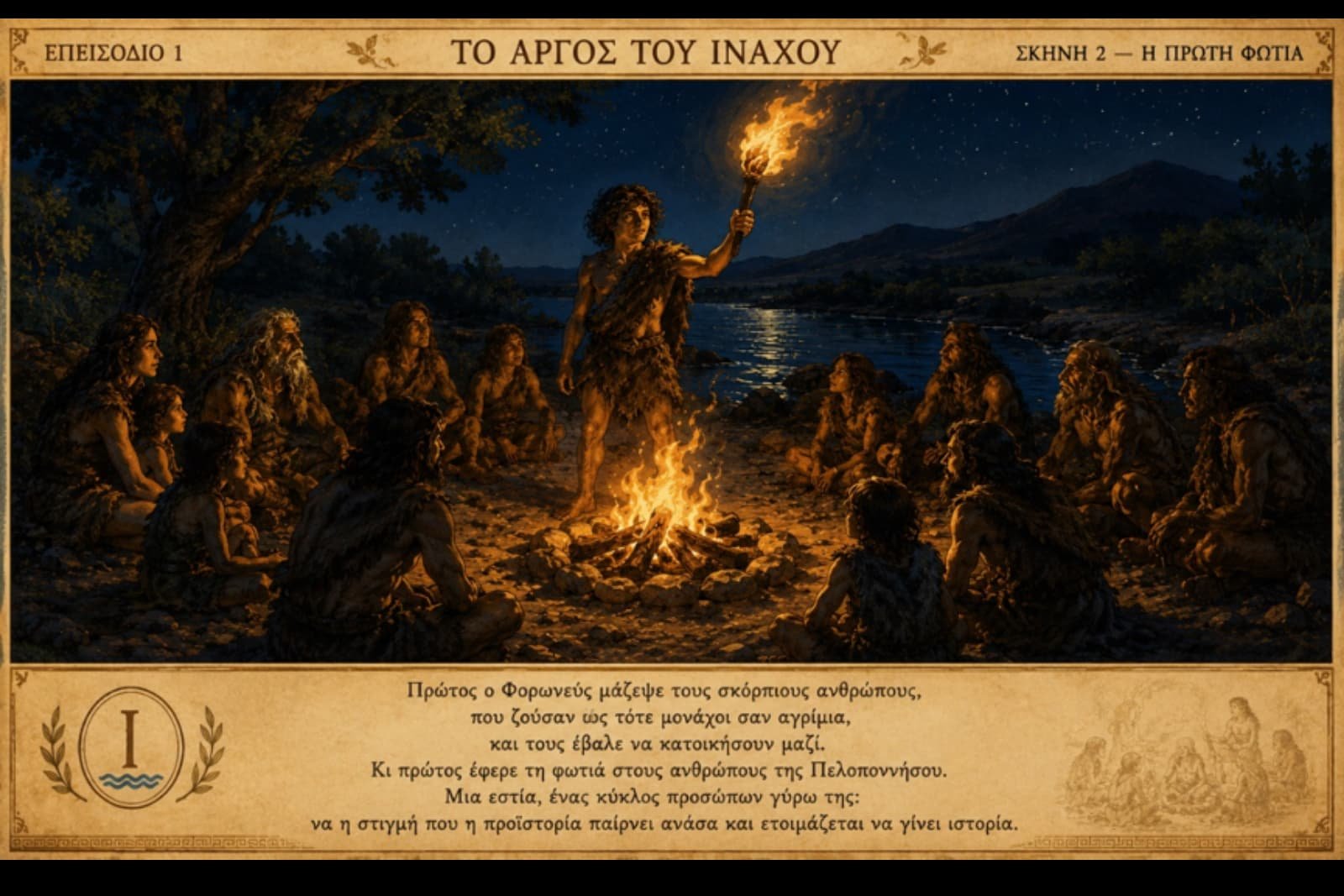 Ο Φορωνεύς κρατά αναμμένο δαυλό, ενώ άνθρωποι συγκεντρώνονται γύρω από την πρώτη κοινή φωτιά.