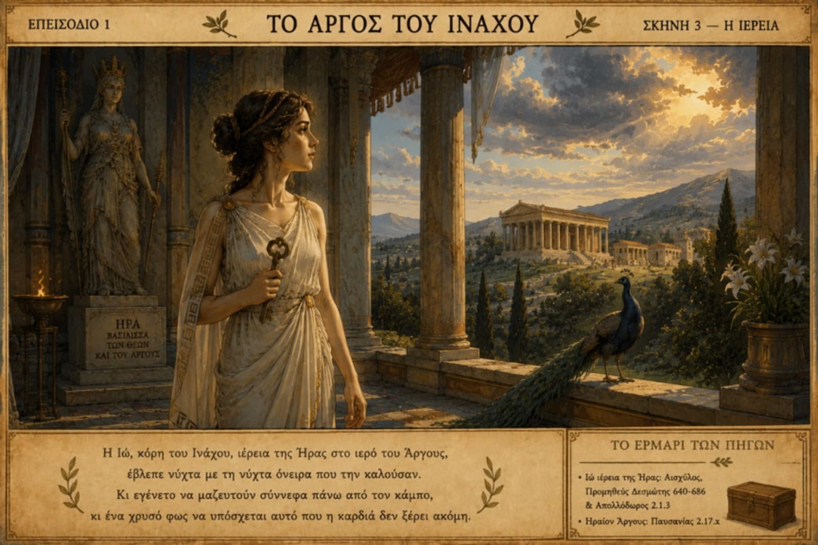 Η νεαρή Ιώ, ιέρεια της Ήρας, κρατά κλειδί ναού στο Ηραίον του Άργους, με ένα παγώνι στο περβάζι.