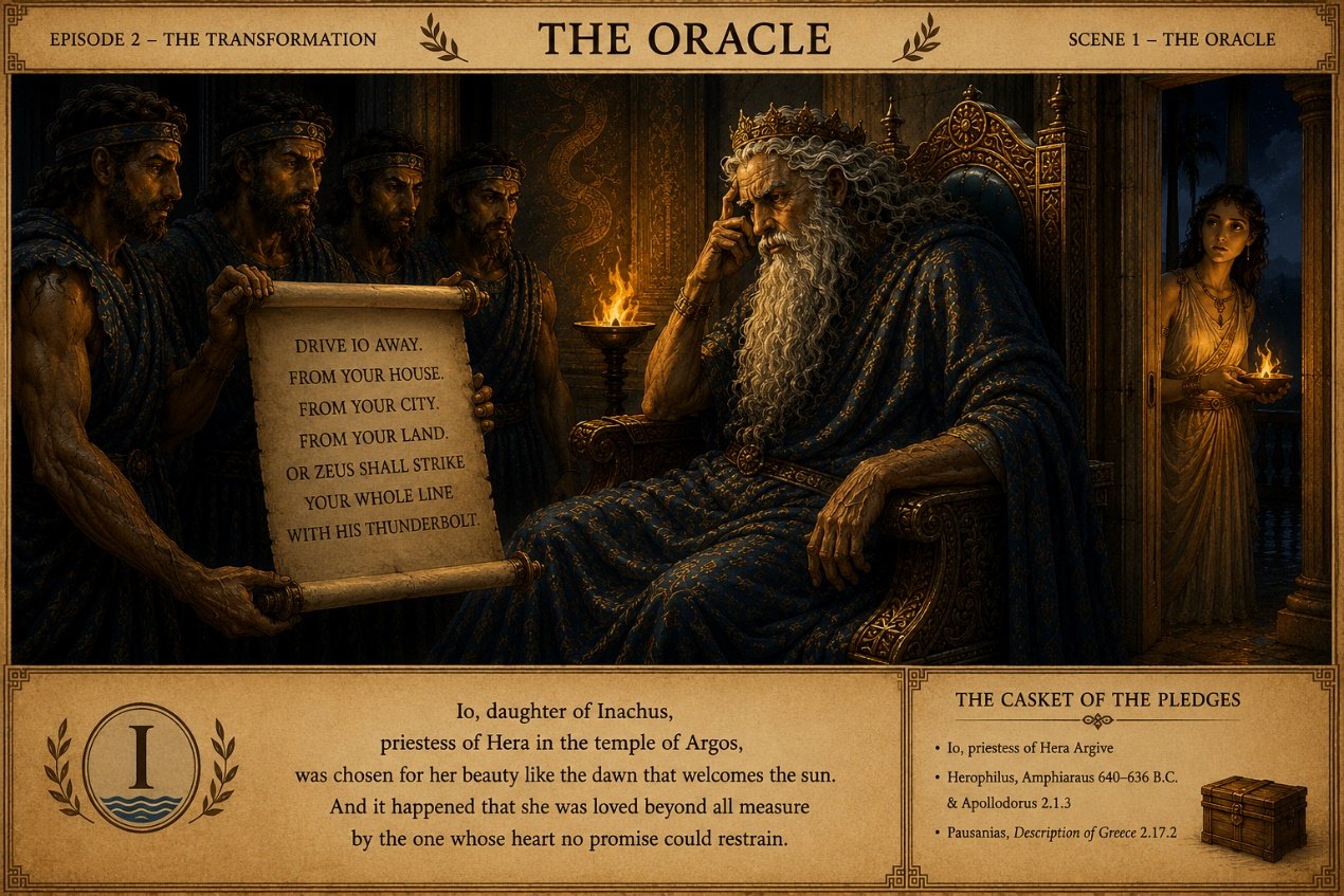 Inachus receives the final oracle while Io listens from the doorway