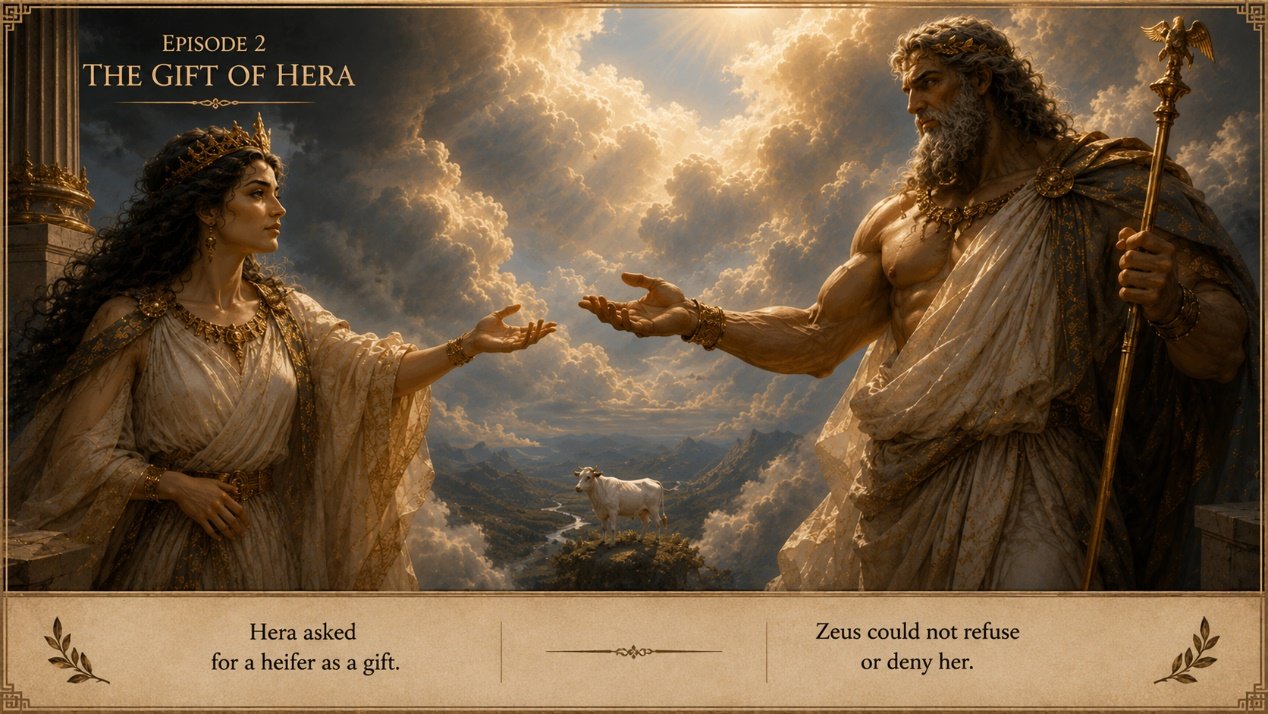 Hera calmly asks Zeus to give her the white heifer