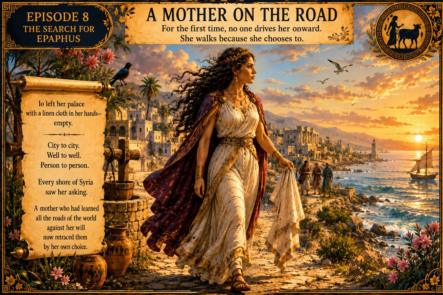 Io walks along the Syrian coast, holding her child's empty linen cloth.