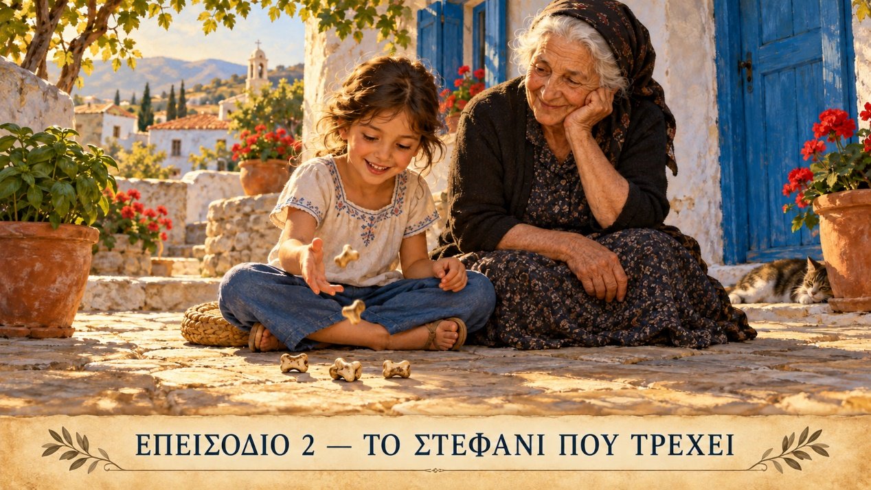 Ένα παιδί παίζει κότσια δίπλα στη γιαγιά του. Επόμενο: το στεφάνι που τρέχει.
