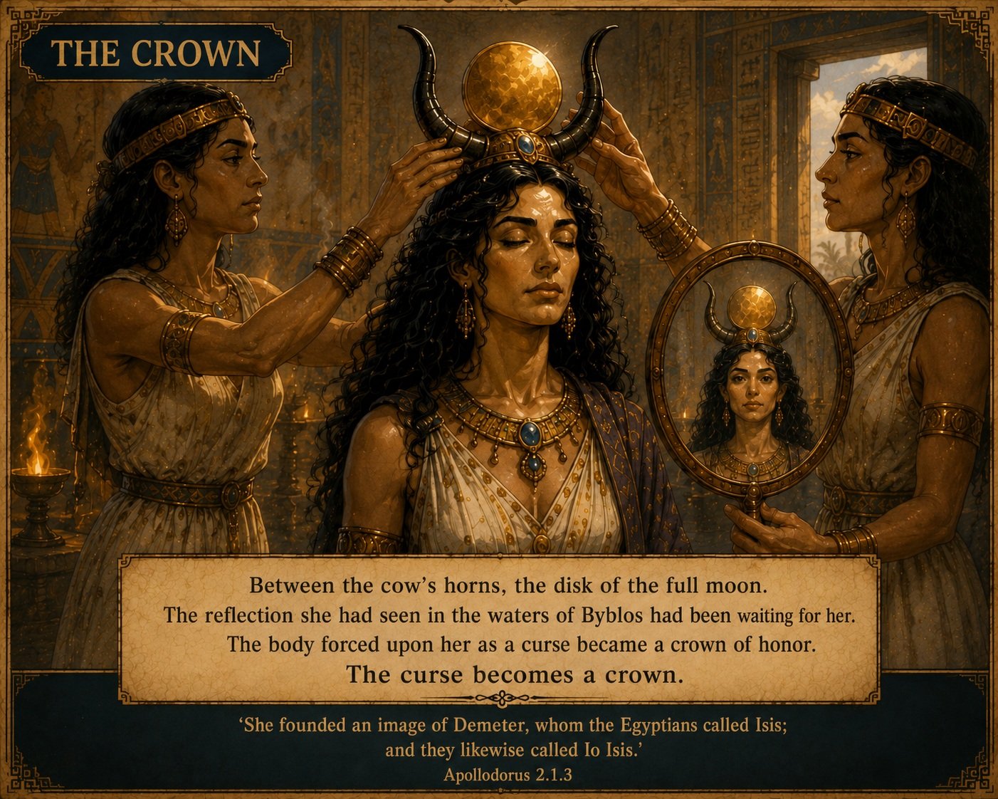 Priestesses crown Io; her reflection appears in a bronze mirror.