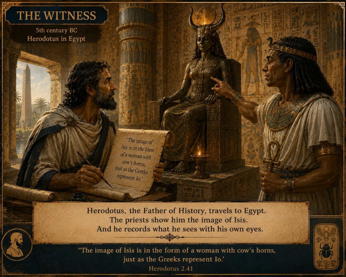 Herodotus and an Egyptian priest before the statue of Isis.