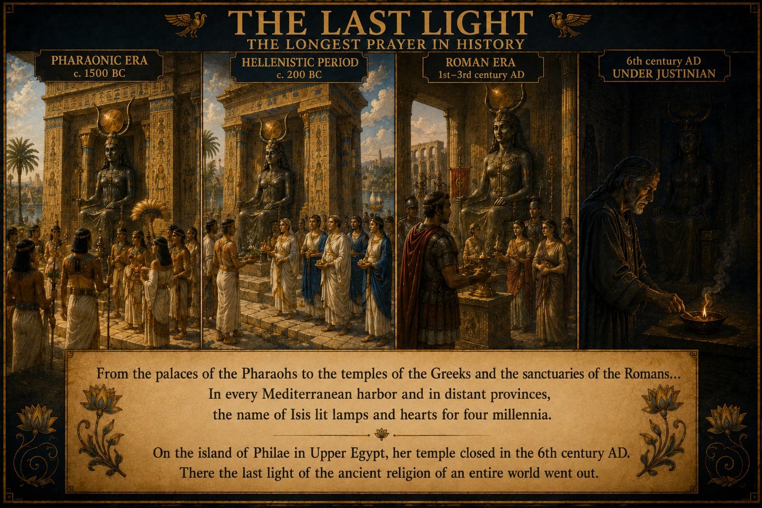 The temple of Philae and the worship of Isis across successive eras.